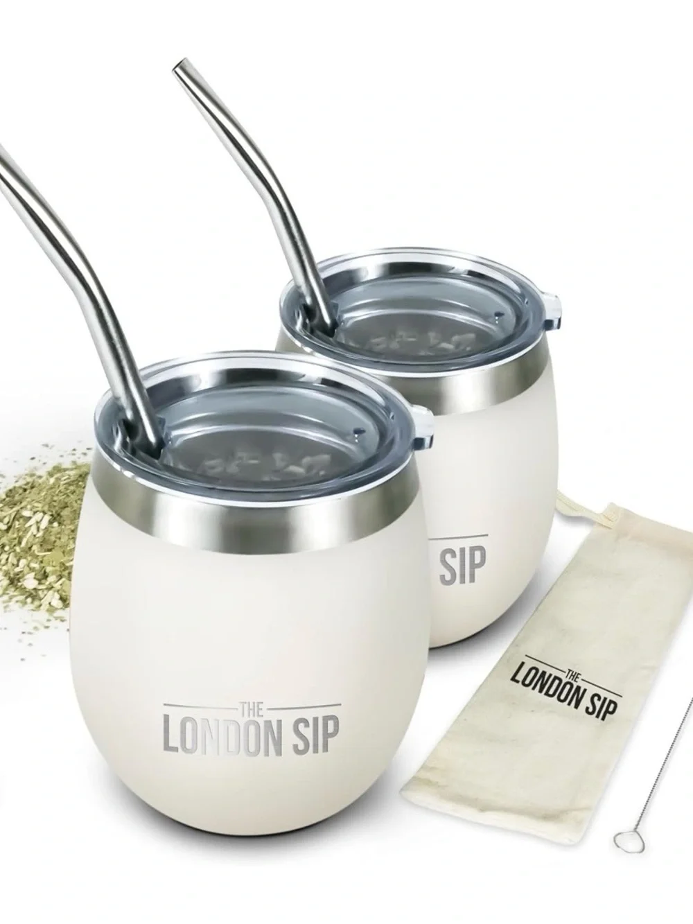 NEW The London Sip Insulated Yerba Mate Cup & Bombilla straw set - pearl white